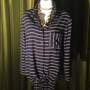 Anthropologie beachlunchlounge navy blue white stripe shirt blouse L